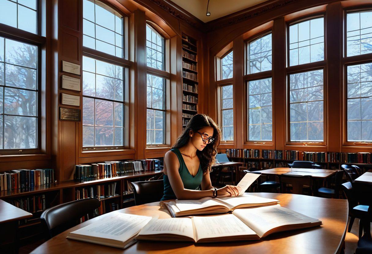 A vibrant library filled with diverse scholarly articles and open books, showcasing a person analyzing data on a laptop with intricate graphs and charts floating in the air, symbolizing the journey from inquiries to insights. Gentle light streaming through large windows adds to the scholarly atmosphere. super-realistic. vibrant colors. soft focus.